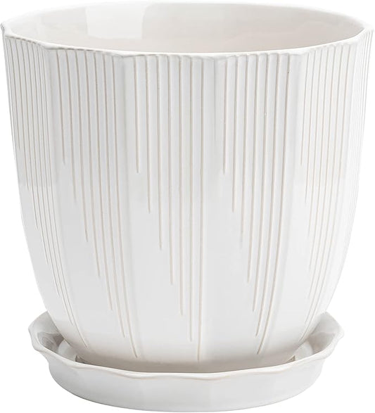 ADN 10 Inch Ceramic Planter Pot with Drainage Hole and Saucer,Large Round Plant pots for Indoor Outdoor Plants,Modern Flower pots, White