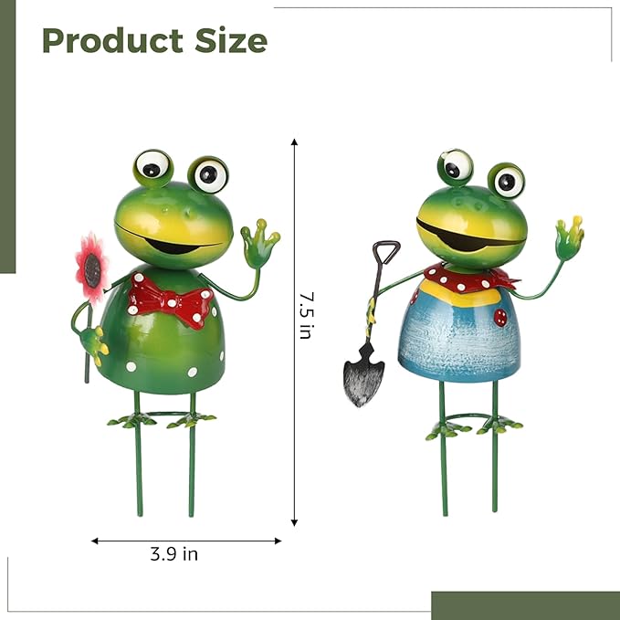 2 Pcs 3D Metal Frog Statue, Outdoor Frog Figurine, Cute Garden Sculptures Holding Flower/Shovel, 3.9 x 7.5 in Sturdy Iron Yard Art Garden Decor for Lawn Patio Decor, Gift for Gardener