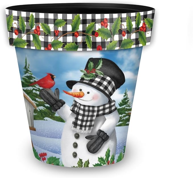 Briarwood Lane Winter Planter 11.75" x 11" x 11" Checkered Snowman Medium for Winter Planter