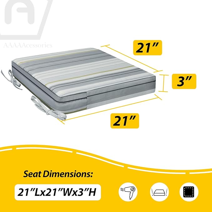 AAAAAcessories Outdoor Seat Cushions for Chairs, Waterproof, Fade-Resistant, 21" x 21" x 3", Patio Furniture Replacement Cushions, Set of 2, Ash Blue Harbor Stripe