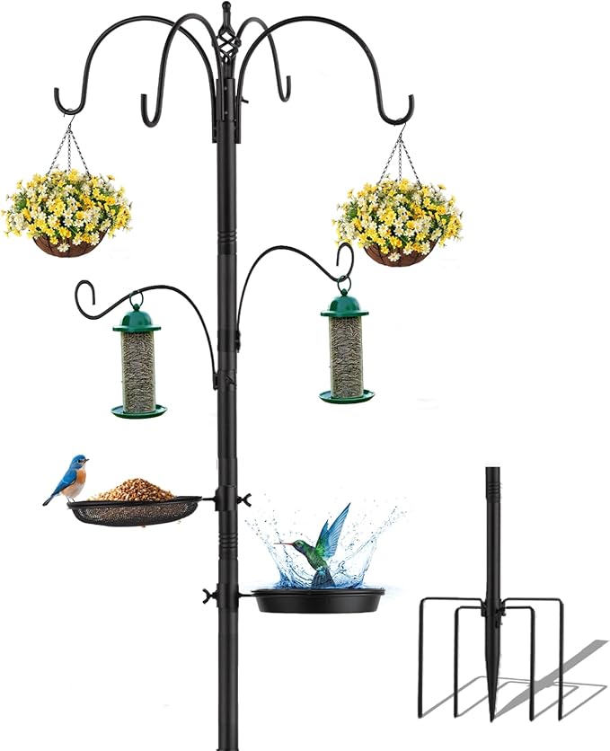 6-Hook Bird Feeding Station Kit,103 Inch Heavy Duty Shepherds Hooks for Outdoor,Adjustable Height Bird Feeder Pole with Mental Tray and Water Bowl,Attracting Wildbirds