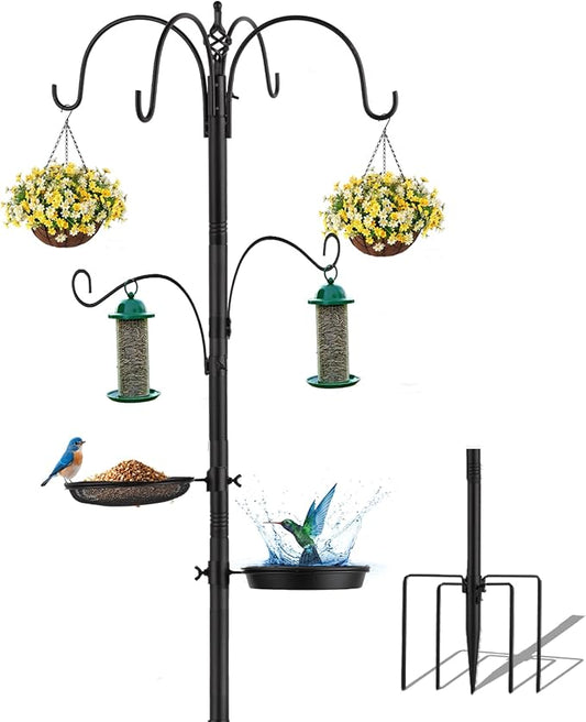 6-Hook Bird Feeding Station Kit,103 Inch Heavy Duty Shepherds Hooks for Outdoor,Adjustable Height Bird Feeder Pole with Mental Tray and Water Bowl,Attracting Wildbirds