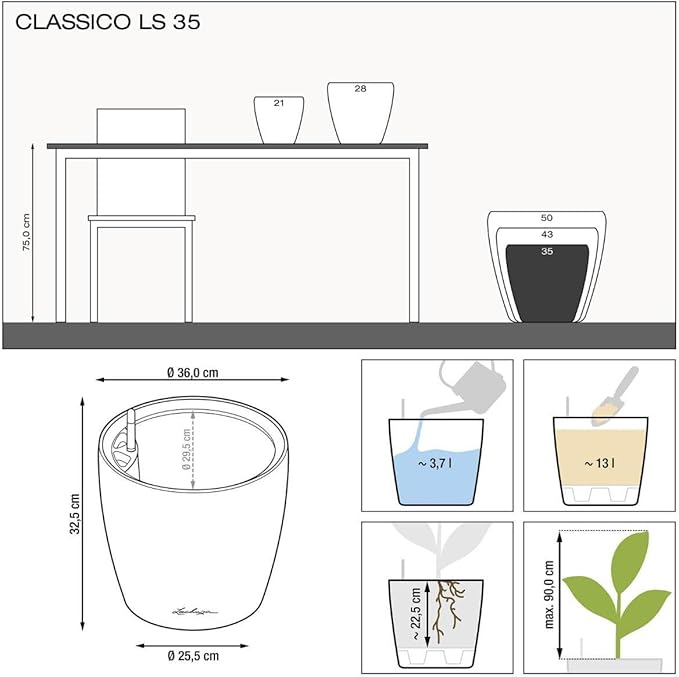 Lechuza Classico LS 35 White High Gloss, Self-Watering Round Planter, D13.8 H13 in
