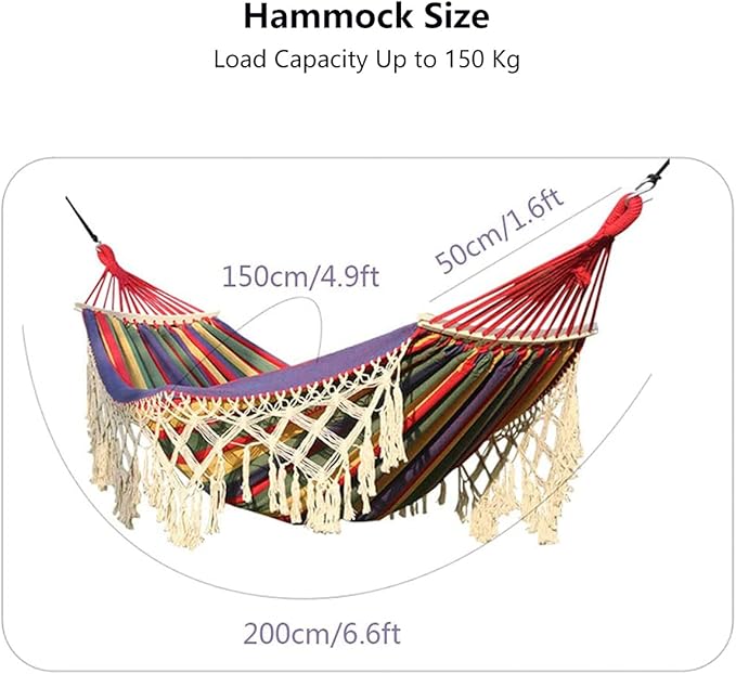 Cotton Canvas Tassel Hammock, Double Boho Hammocks with Macrame Fringe, Portable Camping Indoor Outdoor Garden Hammock Swing with Travel Bag, 150kg Load Capacity White
