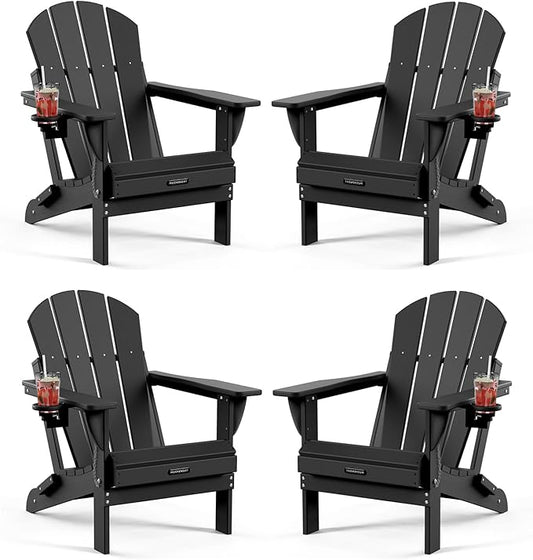 MUCHENGHY Folding Adirondack Chairs 4 Pack, Patio Chairs, Fire Pit Chairs, Outdoor Chairs, Plastic Adirondack Chairs, Lawn Chairs Weather Resistant with Cup Holder for Deck, Backyard, Garden(Black)