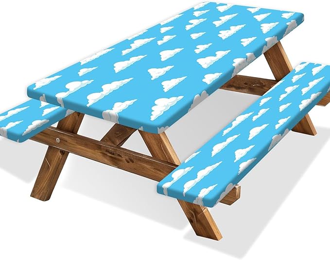 Picnic Table Cover with Bench Covers and Bag, Outdoor Waterproof Windproof Tablecloth with Elastic Edges, Camping Accessories RV Gear Campers 3 Pcs Set, 96X30in Blue Sky Cloud