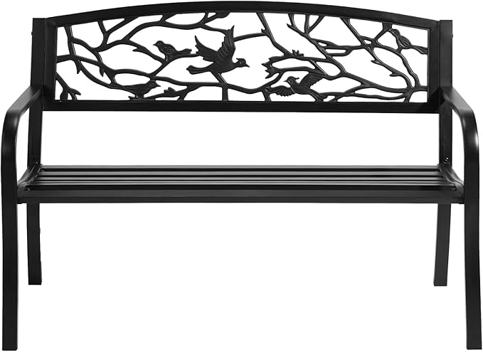 VINGLI Outdoor Bench for Patio Metal Garden Bench w/PVC Back Pattern, Black Park Benches Front Porch Benches for Yard Lawn Decor Deck Entryway (Black-Bird)