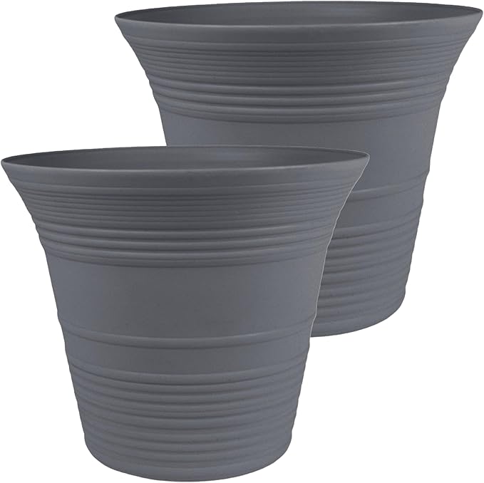 The HC Companies 19 Inch Sedona Round Self Watering Planter Pots, Lightweight UV-Resistant Plastic Indoor & Outdoor Planters, 2-Pack Flower Pots for Garden & Home Decor, Warm Gray