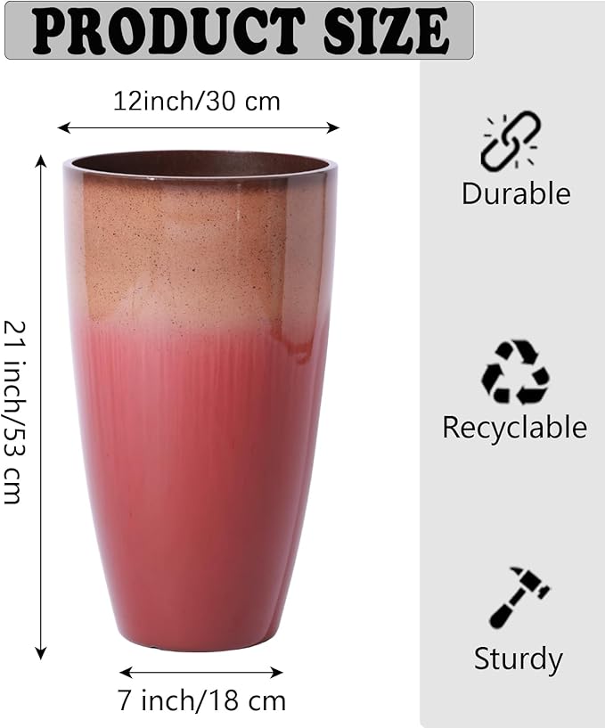 Outdoor Planter 21" Tall Planters Gardening Pots with Insert Shelf Accessories Weather-Resistant Plastic Flower Pot Front Porch Decor, Tan to Burgundy Gradient