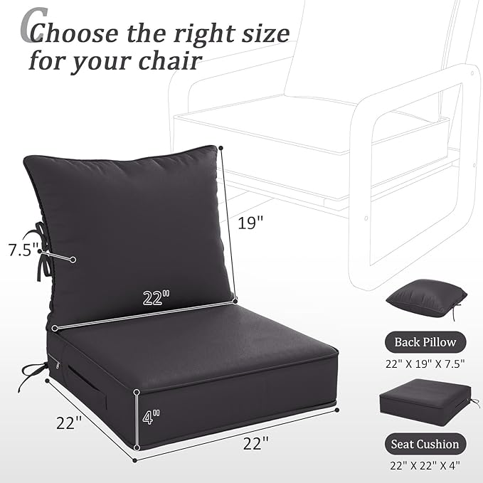Outdoor Patio Chair Cushions Set 22 L X 22 W X 4 H Waterproof & Fade Resistant Deep Seat and Back Cushions with Removable Covers Outdoor Seat Cushion Set for Chairs and Sofas