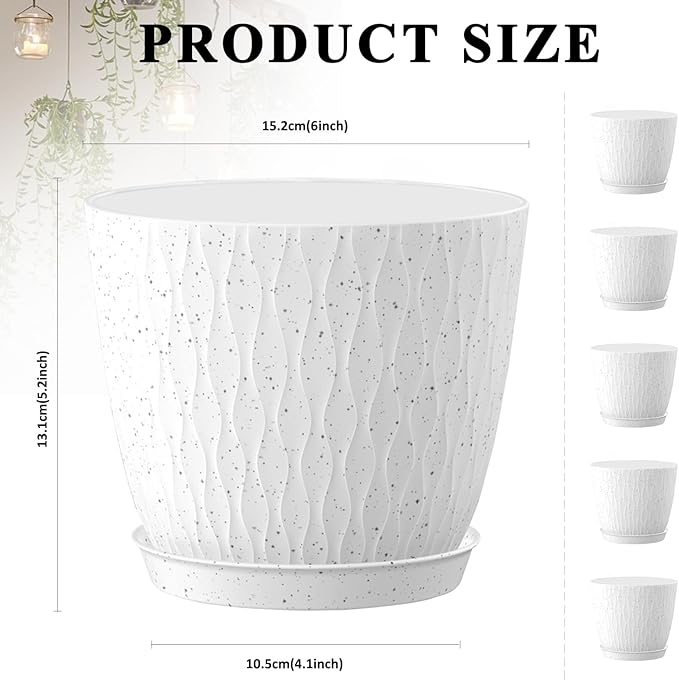 5 Pack 6 inch Flower Pots for Indoor Plants Planters for Outdoor Plants Decorative Home Garden Holiday Nursery Pot, Cute Plant Pots with Drainage Holes and Saucers White with Black Speckled