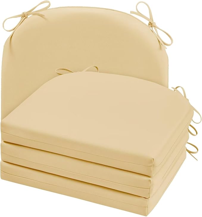 Cozyide Outdoor Chair Cushions, Waterproof Patio Seat Cushions with Adjustable Straps, Round Corner Patio Chair Cushions for Garden, Khaki, 17x16x2 Inch (Pack of 4)