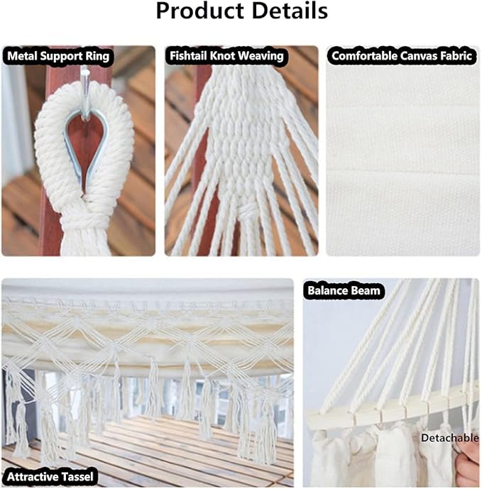 Cotton Canvas Tassel Hammock, Double Boho Hammocks with Macrame Fringe, Portable Camping Indoor Outdoor Garden Hammock Swing with Travel Bag, 150kg Load Capacity White