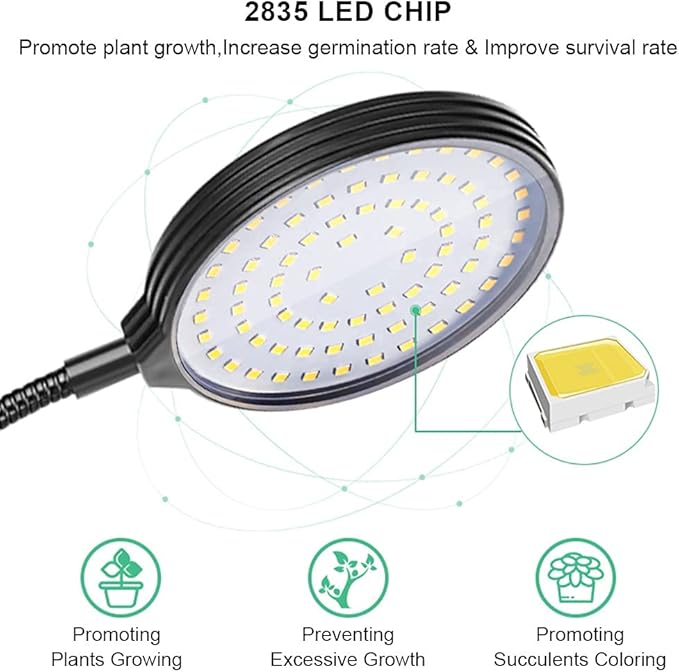 Grow Light 15W Sunlike Full Spectrum LED Plant Grow Lights with Timer Auto On/Off 4/8/12H Waterproof Grow Lamp for Indoor Plants, 5 Dimmable Levels, Adjustable Gooseneck