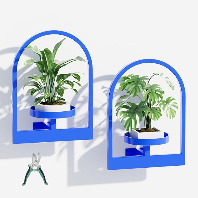 Plant Shelf for Window, Hanging Frame Decor Planter for Indoor Plants, Wall Plant Holder for Living Room/Entryway/Garden Flower Pot Holder Free Garden Shears (Arc-Blue, 2pcs)