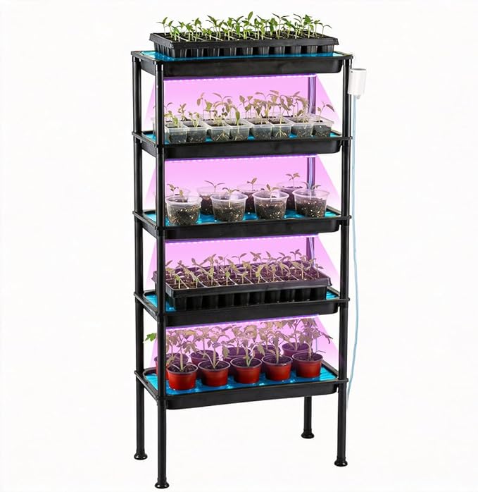 5-Tier Vertical Seed Starter Tray with Grow Light, Ebb and Flow Tidal Special Plant Stand Saucer, Automatic Circulation Watering Rack Indoor/Greenhouse, Designed for Seedling Trays, Pots