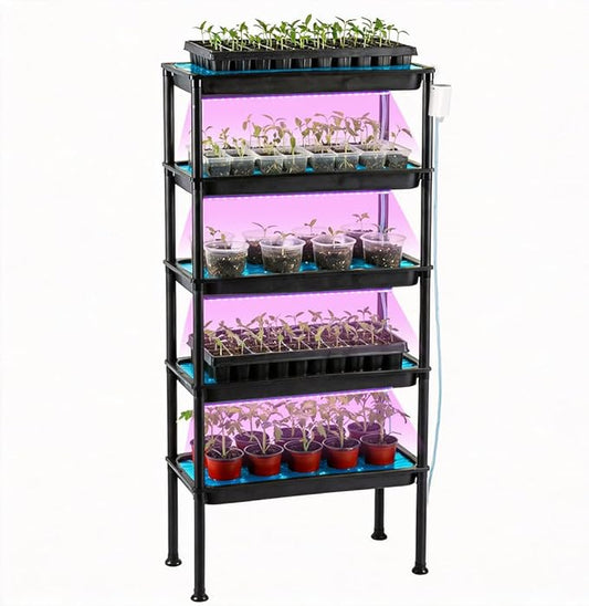 5-Tier Vertical Seed Starter Tray with Grow Light, Ebb and Flow Tidal Special Plant Stand Saucer, Automatic Circulation Watering Rack Indoor/Greenhouse, Designed for Seedling Trays, Pots