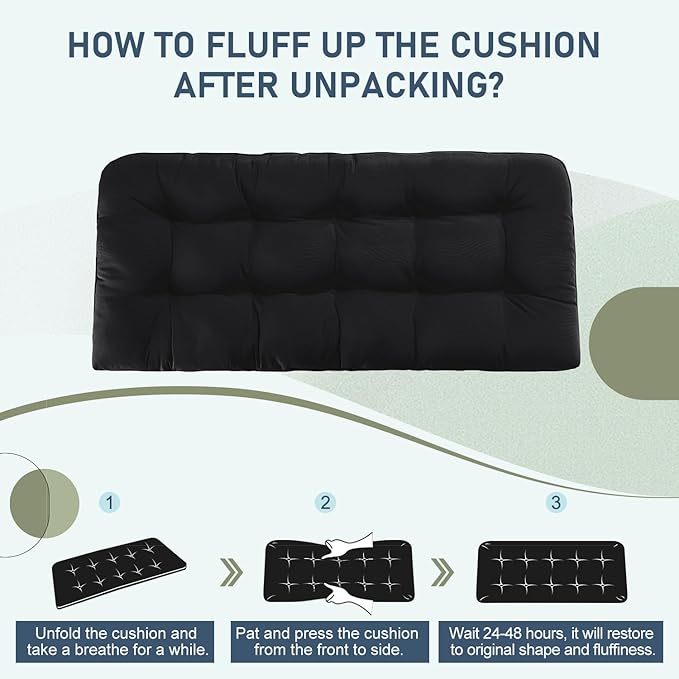 downluxe Outdoor Bench Cushion for Patio Furniture, Waterproof Tufted Overstuffed Porch Swing Cushions, Thick Outdoor Loveseat Cushions, 48" X 18" X 5", Black, Set of 1