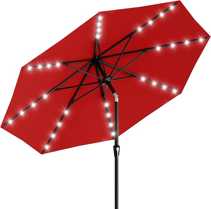AreShark 9FT Patio Umbrella with Solar Lights, 32 LED Lighted Pool Umbrella w/Tilt and Crank, Outdoor Market Solar Umbrellas for Garden, Deck, Backyard, Pool and Beach, Red