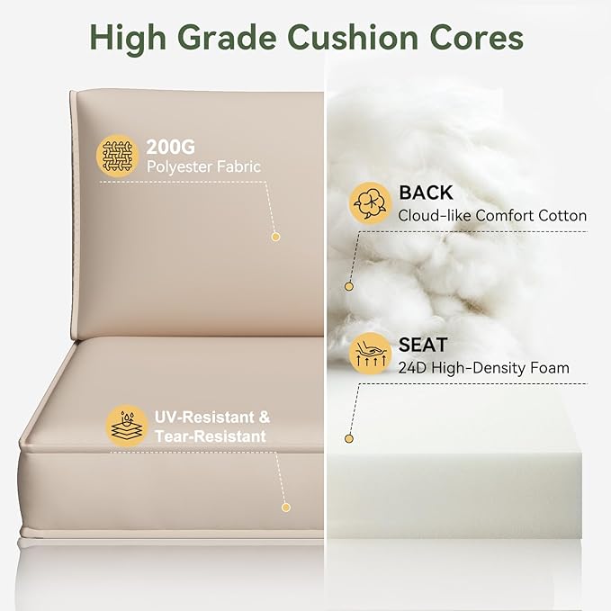 Aoxun Patio Furniture Cushions for Outdoor Furniture Set of 4, Thick Replacement Patio Couch Cushions for Outdoor Furniture, 7-Piece Splashproof Fade Resistant Outdoor Couch Cushions, Beige