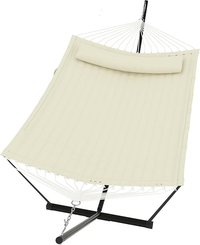 GarveeLife 2 Person Double Hammock with Stand and Pillow - 450 Lbs Capacity Heavy Duty Hammock with Balance Rope, Large Outdoor Hammock for Patio Backyard Poolside