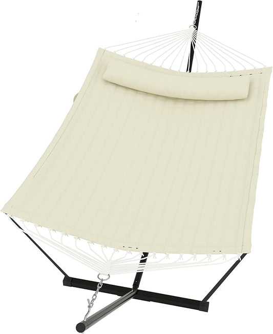 GarveeLife 2 Person Double Hammock with Stand and Pillow - 450 Lbs Capacity Heavy Duty Hammock with Balance Rope, Large Outdoor Hammock for Patio Backyard Poolside