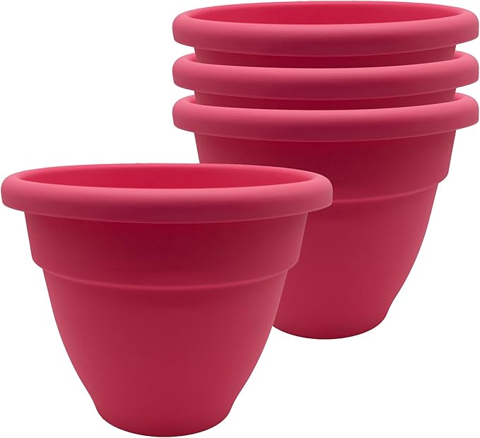 The HC Companies 6 Inch Caribbean Planter Pots with Drainage & Plug, Rolled Rim Plastic Planters for Indoor & Outdoor Plants, 4-Pack Decorative Flower Pots for Garden, Office & Home Decor, Pink Rose