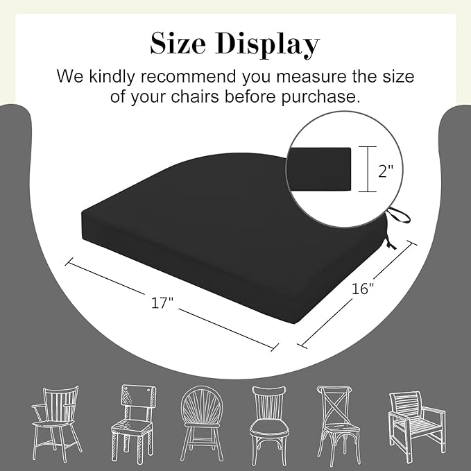 Cozyide Outdoor Chair Cushions, Waterproof Patio Seat Cushions with Adjustable Straps, Round Corner Patio Chair Cushions for Garden, Black, 17x16x2 Inch (Pack of 4)