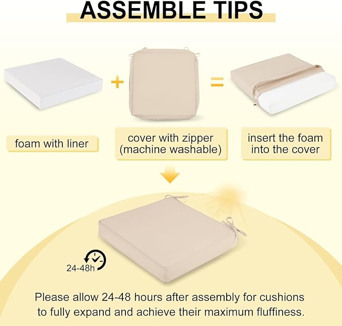 downluxe Waterproof Outdoor Chair Cushions Set of 4, 19" x 19" x 3" Patio Chair Cushion with Non-Slip Ties & Handle, Square Outdoor Cushion for Patio Furniture with Removable Cover, Beige