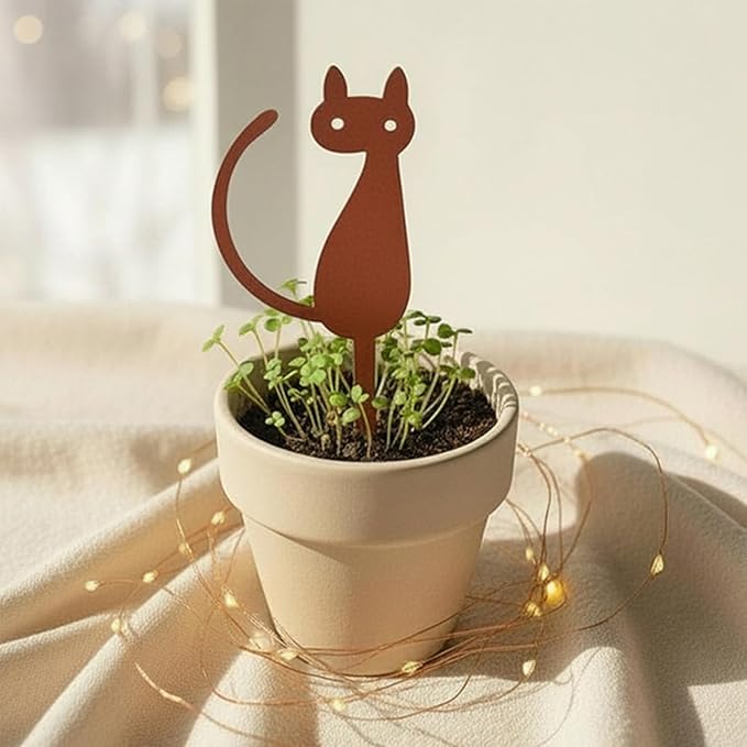 Elegant Cat Metal Garden Stake – Powder-Coated Steel Plant Pick for Pots & Planters, Rustic Indoor/Outdoor Decorative Accent