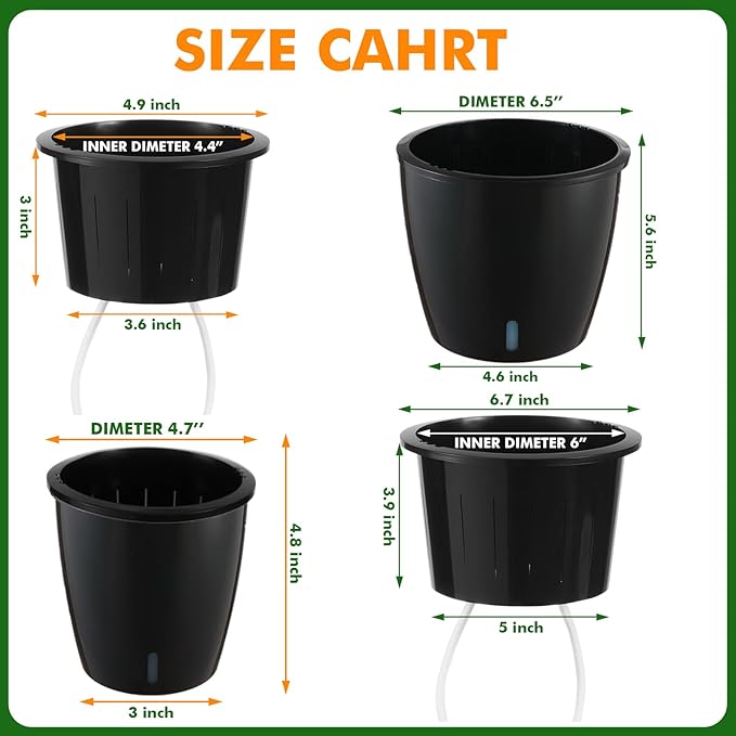 Planterhoma 5/6.7 Inch Self Watering Pots for Indoor Plants, 8 Packs Self Watering Planters for Orchid, Spider Plant, Devil's Ivy & African Violet, Water Indicator & Black Wick Pots, Black