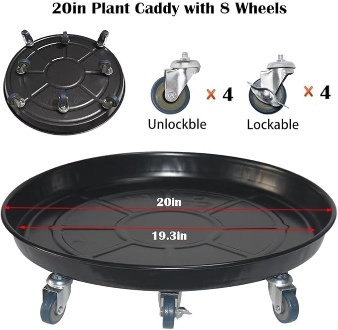 ARTLINE Round Plant Stand with Lockable Wheels, Heavy Duty for Indoor Outdoor, Large Rolling Dolly Planter Caddy on Casters to Carry Potted Flower Pot, Round Metal Tray NO Holes, Black
