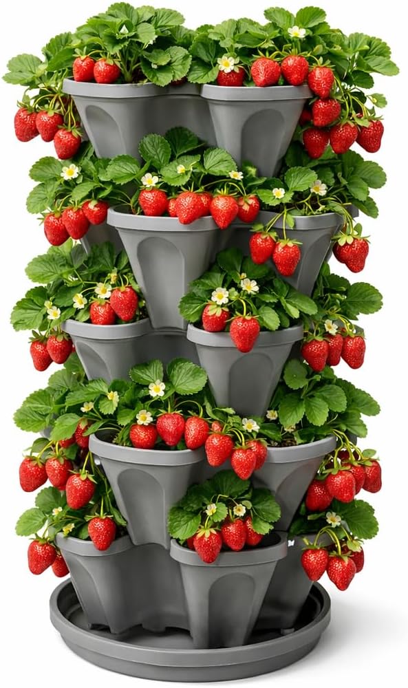 5-Tier Stackable Strawberry Garden – 24 Quart Indoor / Outdoor Stacking Planter with Drip Saucer – Grow Herbs, Strawberries, and Flowers from The Kitchen or Backyard – Plant and Stack! Easy Gardening