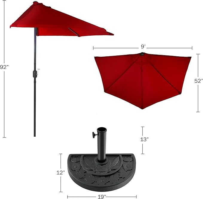 9-Ft Half Patio Umbrella Easy Crank Semicircle Balcony Shade with 20lb Weighted Base for Deck, Porch, or Against a Wall by Pure Garden (Red)