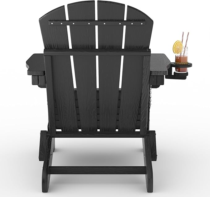 Folding Adirondack Chair Set of 2, All-Weather HDPE Outdoor Chair, Wooden Textured with Cup Holder for patios, Decks, Gardens, fire pits, Black