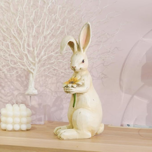 Newman House Studio Easter-Decorations - Spring Bunny Decor - Table Centerpiece - Spring Figurines - Indoor Bunny Statues with Flower Farmhouse Office Room Decor for Table 5 * 4.25 * 11.75 inch