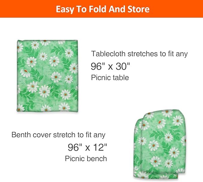KENOBEE 8ft Picnic Table and Bench Cover, Camping Essentials RV Gear, 96 in Waterproof Windproof Outdoor Elastic All Around Tablecloth, Fitted Rectangle Tables and Seats, Green Chrysanthemum