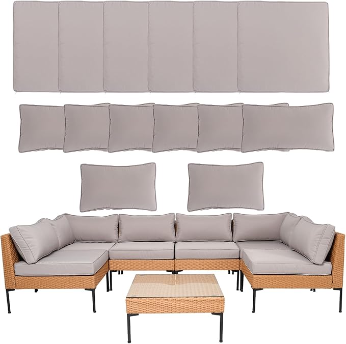 14Piece Outdoor Sofa Cushion Replacement, Patio Furniture Waterproof Cushion with Zippers, fit 6-Seat Outdoor Wicker Rattan Sectional Couch (Light Gray, 23.6"x23.6"x3.9")