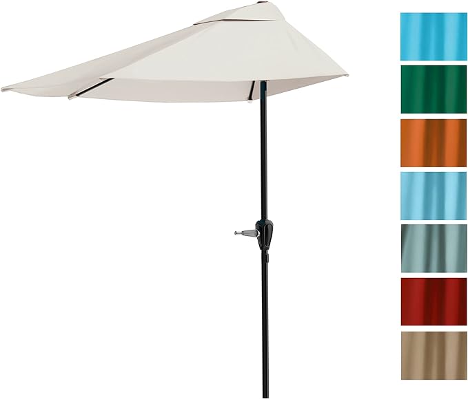 Half Umbrella Outdoor Patio Shade - 9 ft Patio Umbrella with Easy Crank - Small Canopy for Balcony, Table, or Deck by Pure Garden (Tan)