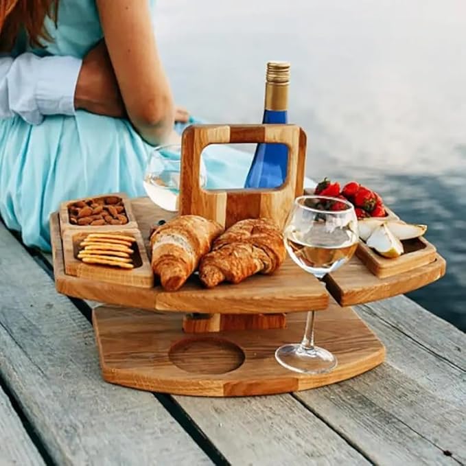 Folding Wooden Picnic Table with Wine Glass Holder - Portable Camping Table for Beach, Park & Outdoor Use, Champagne and Beverage Stand