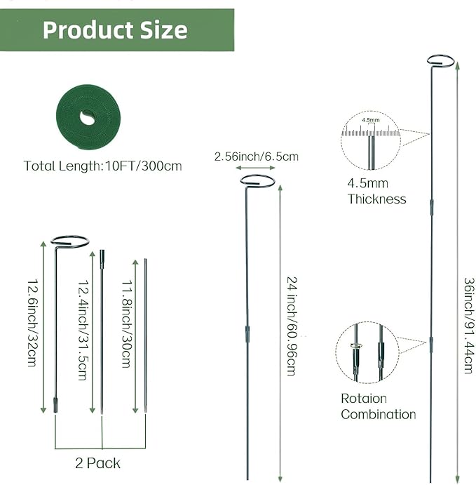 2 Pack Flower Support Stakes, 3 Sizes (12 or 24 or 36 Inch) Garden Plant Stick, Plant Stake Support Ring For Indoor Outdoor With Plant Ties, Amaryllis Support Stakes, Climbing Plants, Tomato