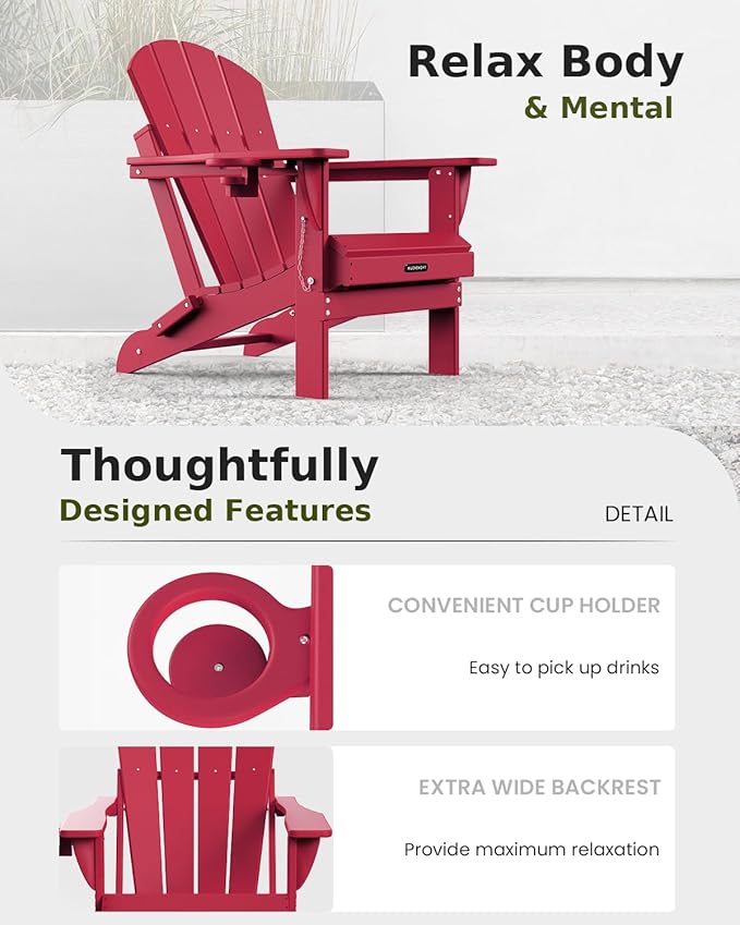 MUCHENGHY Folding Adirondack Chairs, Patio Chairs, Lawn Chairs, Outdoor Chairs, Adirondack Chair Plastic, Fire Pit Chairs, Weather Resistant with Cup Holder for Deck, Backyard, Garden(Red)