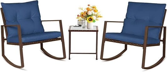 SUNCROWN 3 Piece Outdoor Rocking Bistro Set Brown Wicker Furniture Porch Chairs Conversation Sets with Glass Coffee Table, Dark Blue