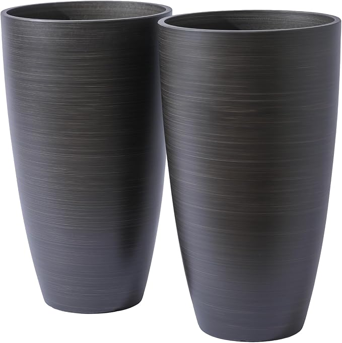 Tall Round Planter 2Pack-11.8"W*21"H Dark Wooden Grain Finish Flower Pots Indoor Decorative Container Garden Patio Outdoor Indoor Plants Unbreakable Resin With Drainage Hole&Movable Insert Shelf