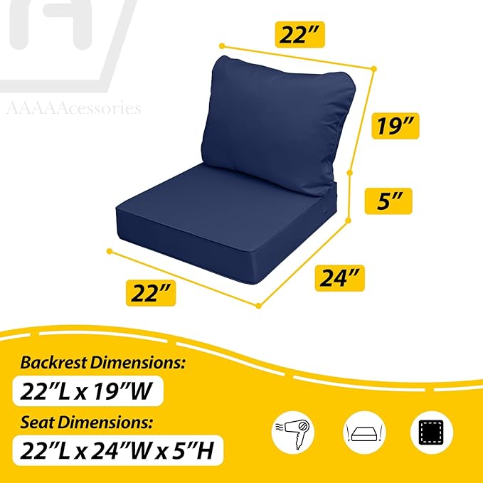 AAAAAcessories Outdoor Seat Cushions for Chairs, Fade-Resistant, Waterproof Patio Furniture Replacement Cushions, 22" x 24" x 5" + 22" x 19", Navy Blue