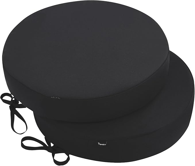 Topotdor Outdoor Bistro Chair Cushions Set of 2, 15"x15"x3" Waterproof Patio Chair Cushions for Outdoor Furniture, Round Outdoor Seat Cushions Color Fastness Chair Pads with Ties, Black