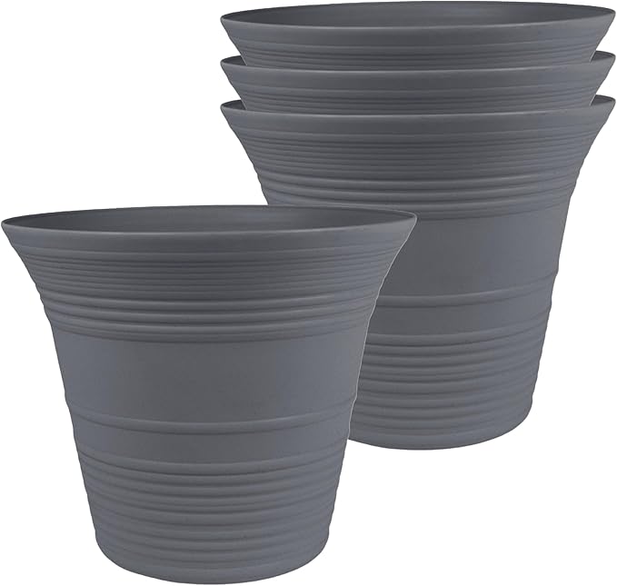 The HC Companies 7 Inch Sedona Round Self Watering Planter Pots, Lightweight UV-Resistant Plastic Indoor & Outdoor Planters, 4-Pack Flower Pots for Garden & Home Decor, Warm Gray