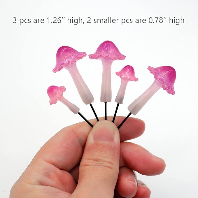 Mini Mushroom Figurines, Tiny Mushrooms Miniature Mushrooms Fairy Garden Accessories Terrarium Decor Micro Resin Mushroom Fairy Garden Decor Mushrooms with Stakes Translucent Pink 5PCs