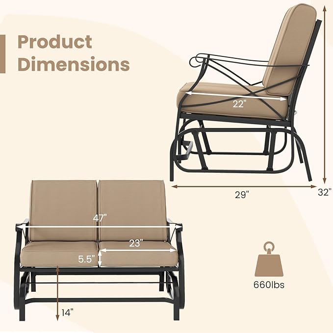 Tangkula Patio Glider Bench, 2-Person Swing Gliding Loveseat with Breathable Fabric Seat & Soft Cushions, 660 LBS Metal Frame Outdoor Rocking Chair for Porch, Poolside, Backyard