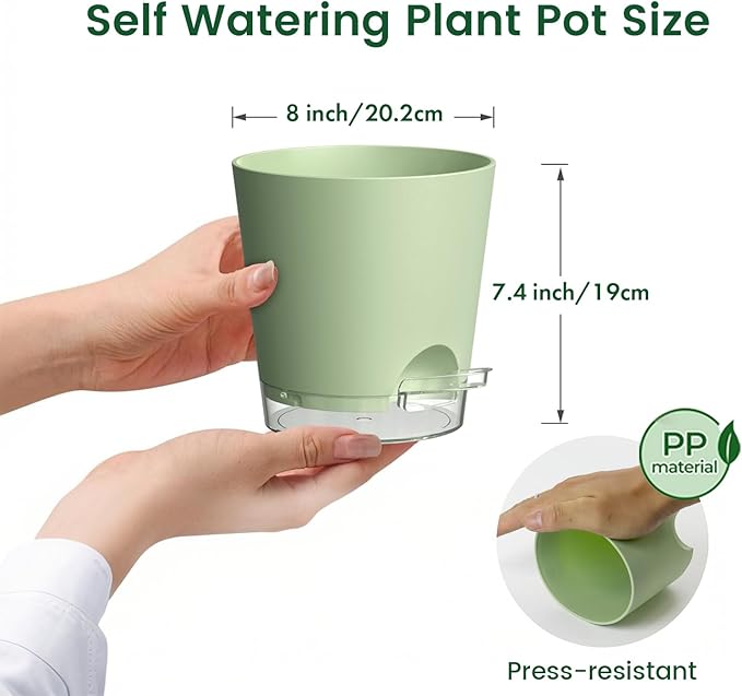 8 inch Self Watering Pots for Indoor Outdoor Plants, 2 Pack Flower Plant Pots with Drainage Holes & Clear Reservoir for Visible Water Level, Plastic Wicking Planters for House Plants, Green